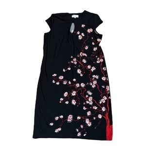 Nikki Poulos Cherry Blossom Dress 1X Black Red Floral Midi Sheath Keyhole Neck
